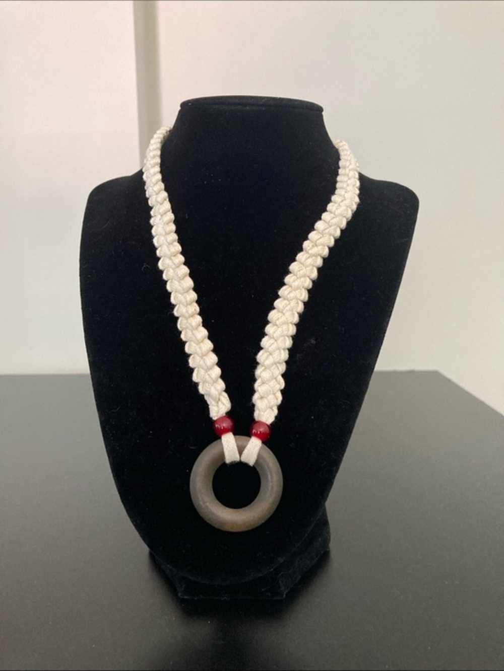 paparazzi Cream Braided Necklace with Brown Ring and Red Beads